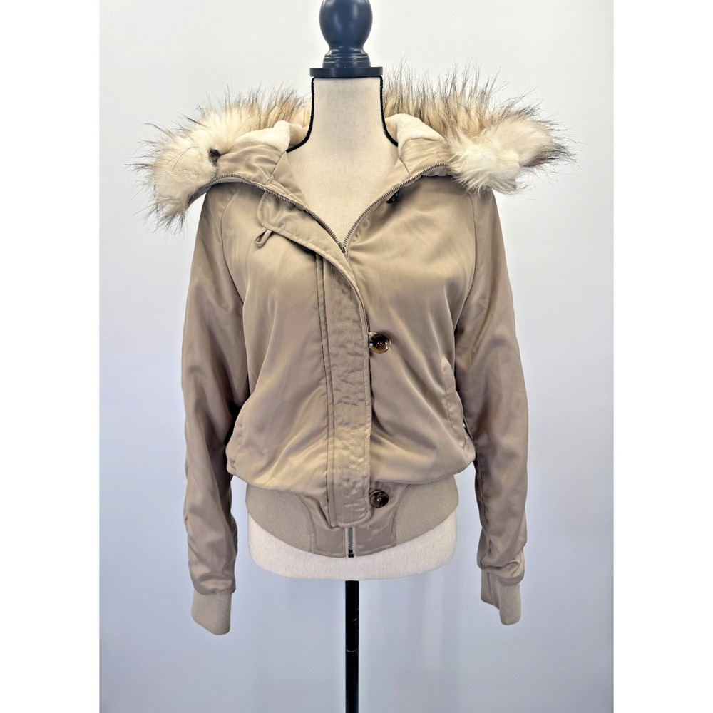 Y2K 90s Style Atmosphere Fur Trim Hooded Crop Bomber Jacket Coat 6 Zip Toggle